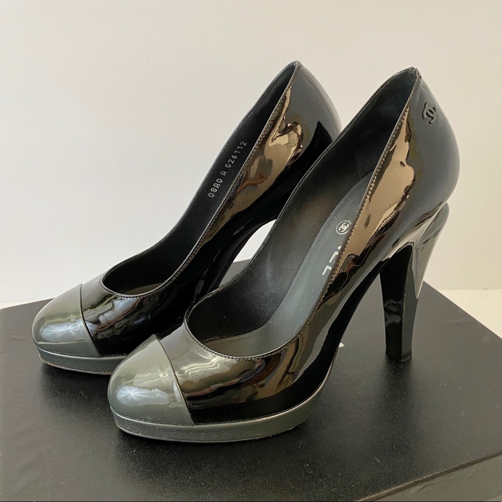 Chanel Black and Grey Patent Platform Cap Toe Pumps